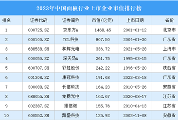 2023年中國面板行業上市企業市值排行榜（附榜單）