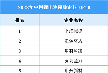 2023年中国锂电池隔膜出货量及企业排名分析（图）