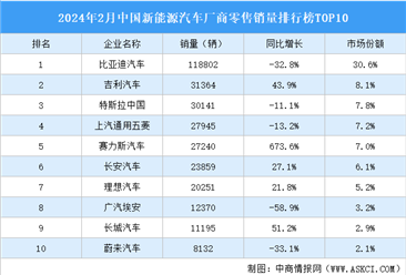 2024年2月中国新能源汽车厂商零售销量排行榜TOP10（附榜单）