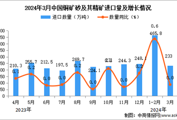 2024年3月中国铜矿砂及其精矿进口数据统计分析：进口量233万吨