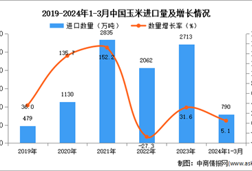 2024年1-3月中國玉米進口數據統計分析：進口量同比增長31.6%