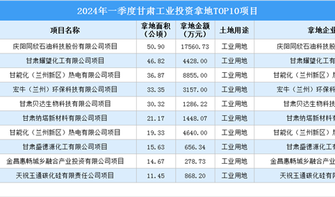 2024年一季度甘肃工业土地投资规模最大的十个项目汇总（图）