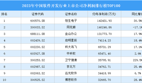 2023年中国软件开发行业上市公司净利润排行榜TOP100（附榜单）