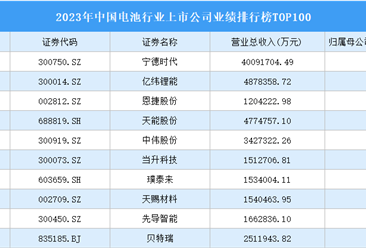 2023年中国电池行业上市公司业绩排行榜TOP100（附榜单）