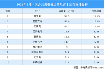 2024年4月中国公共充电桩运营量前十运营商排行榜（附榜单）