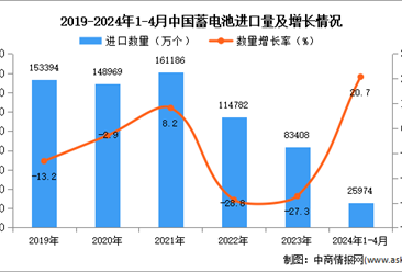 2024年1-4月中國蓄電池進口數據統計分析：進口量同比增長20.7%