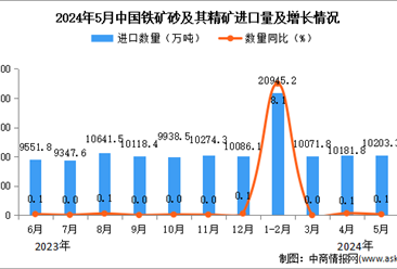 2024年5月中国铁矿砂及其精矿进口数据统计分析：进口量同比增长0.1%