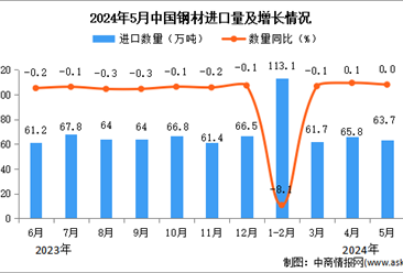 2024年5月中国钢材进口数据统计分析：进口量63.7万吨
