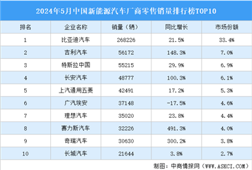 2024年5月中国新能源汽车厂商零售销量排行榜TOP10（附榜单）
