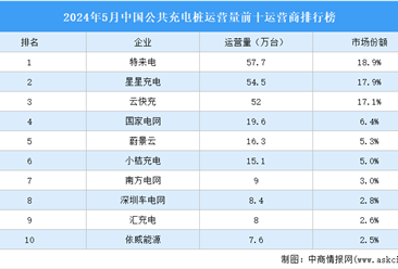 2024年5月中国公共充电桩运营量前十运营商排行榜（附榜单）