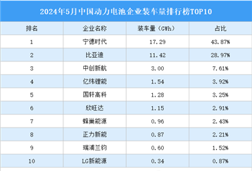2024年5月中国动力电池企业装车量排行榜TOP10（附榜单）