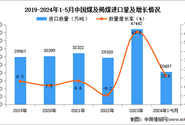 2024年1-5月中国煤及褐煤进口数据统计分析：进口量同比增长12.6%
