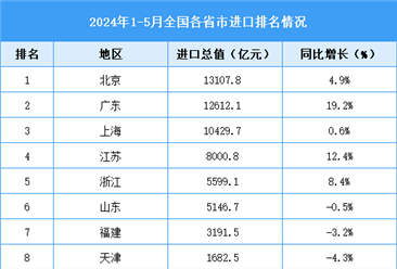 2024年1-5月全国各省市进口排名情况（附榜单）