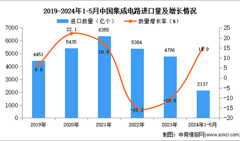 2024年1-5月中国集成电路进口数据统计分析：进口量2137亿个
