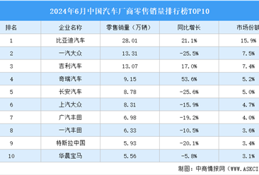 2024年6月中国汽车厂商零售销量排行榜TOP10（附榜单）