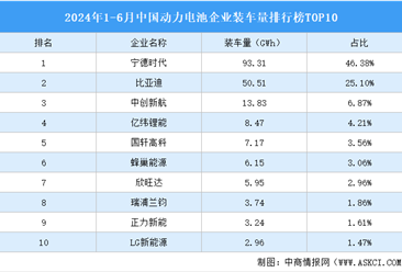 2024年1-6月中国动力电池企业装车量排行榜TOP10（附榜单）