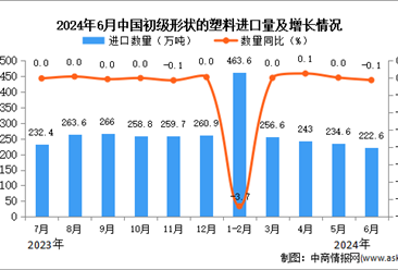 2024年6月中国初级形状的塑料进口数据统计分析：进口量222.6万吨
