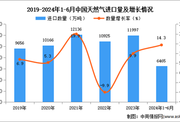 2024年1-6月中国天然气进口数据统计分析：进口量同比增长14.3%