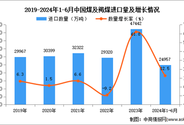 2024年1-6月中国煤及褐煤进口数据统计分析：进口量同比增长12.5%