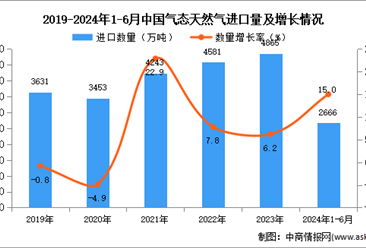 2024年1-6月中国气态天然气进口数据统计分析：进口量2666万吨