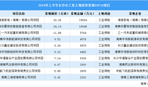 2024年上半年长沙市十大工业土地投资项目拿地面积逾120公顷（图）