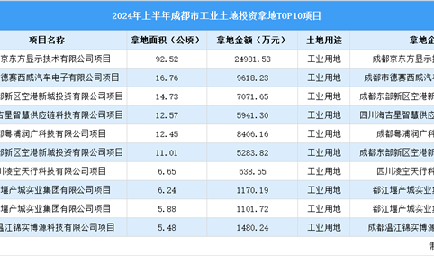 2024年上半年成都市十大工业土地投资项目拿地面积多达120公顷以上（图）