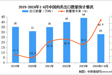 2024年1-6月中国肉类出口数据统计分析：出口量28万吨