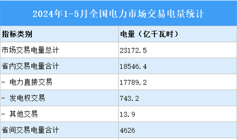 2024年1-5月全国电力市场交易电量统计：市场交易电量同比增长5.8%