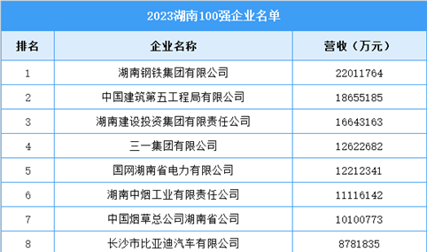 2023湖南100强企业名单（图）