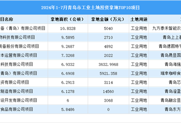 2024年1-7月青島市十大工業(yè)土地投資項(xiàng)目拿地面積達(dá)70公頃以上（圖）