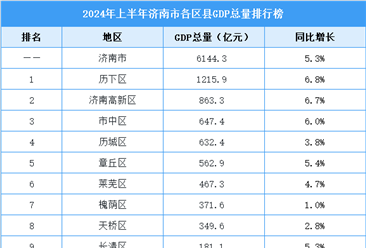 2024年上半年济南市各区县GDP排行榜：历下区位居榜首（图）