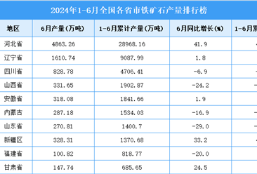 2024年上半年全国各省市铁矿石产量排行榜