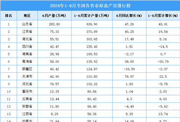 2024年上半年全国各省市原盐产量排行榜