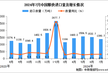 2024年7月中国粮食进口数据统计分析：进口金额同比下降0.1%