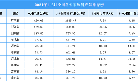 2024年上半年全国各省市饮料产量排行榜