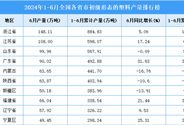 2024年上半年全国各省市初级形态的塑料产量排行榜