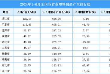 2024年上半年全国各省市塑料制品产量排行榜