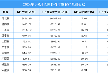 2024年上半年全国各省市钢材产量排行榜