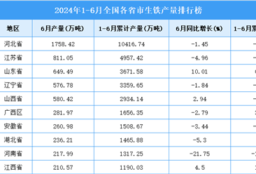 2024年上半年全国各省市生铁产量排行榜