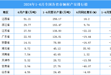 2024年上半年全国各省市铜材产量排行榜