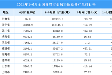 2024年上半年全国各省市金属冶炼设备产量排行榜