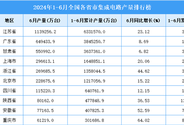 2024年上半年全国各省市集成电路产量排行榜