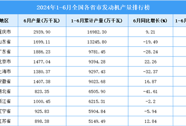 2024年上半年全国各省市发动机产量排行榜