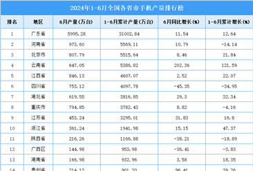 2024年上半年全国各省市手机产量排行榜