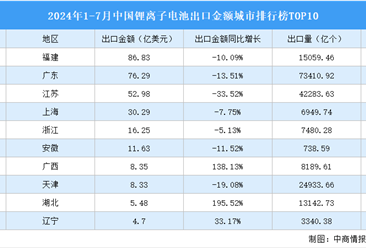 2024年1-7月中国锂离子电池出口金额城市排行榜TOP10（附榜单）