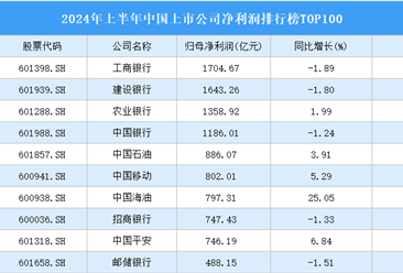 2024年上半年中國上市公司凈利潤排行榜TOP100（附榜單）