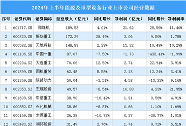 2024年上半年中国能源及重型设备行业上市公司业绩排行榜（附榜单）