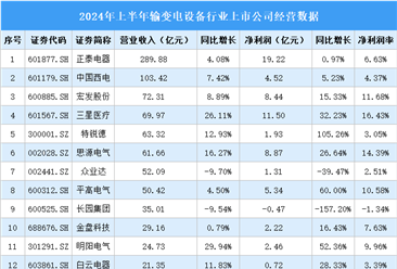 2024年上半年中国输变电设备行业上市公司业绩排行榜（附榜单）