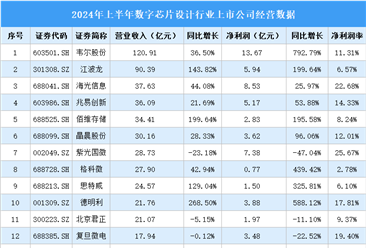 2024年上半年中國數(shù)字芯片設(shè)計(jì)行業(yè)上市公司業(yè)績(jī)排行榜（附榜單）