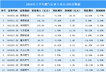 2024年上半年中国燃气行业上市公司业绩排行榜（附榜单）